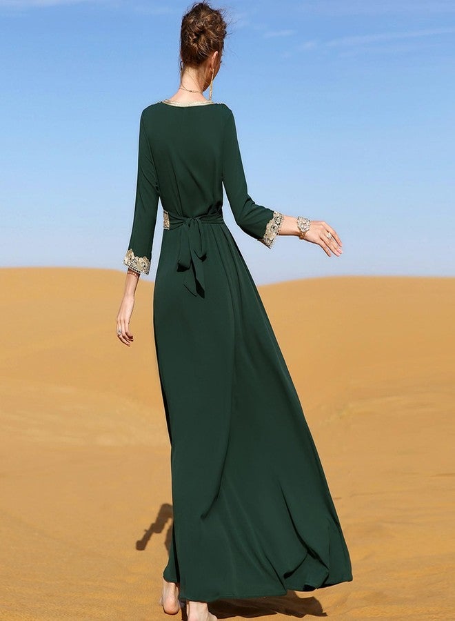 ODIZLI Abaya Dress for Women Moroccan Kaftan Dubai Fancy Long Sleeve Kaftan Dresses Moroccan Traditional Ethnic Shirts Dress Robe Wedding Party Attire Jalabiya Mubarak Eid Ramadan Outfits Dark Green M - Image 4